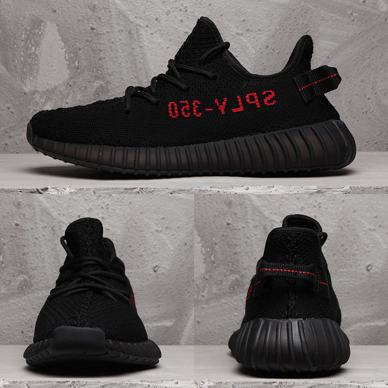 Yeezy 350 V2 Black Sneakers with Red Detail
