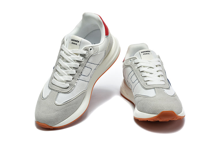 Hermès Grey and White Low-Top Sneakers with Blue Accents