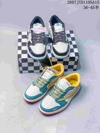 Air Jordan 1 Low OW-Style Sneakers in White, Black and Blue