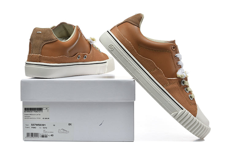 Brown Low-Top Lace-Up Sneakers with Contrast Toe Cap