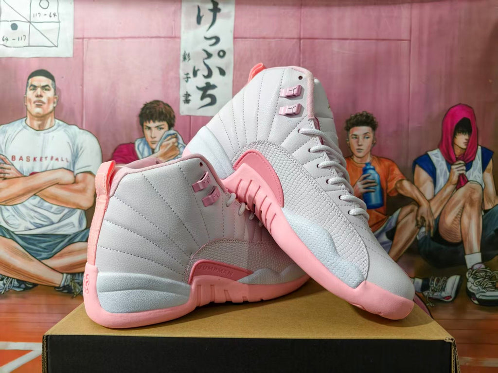 Jordan 12 Retro White and Pink High-Top Sneakers