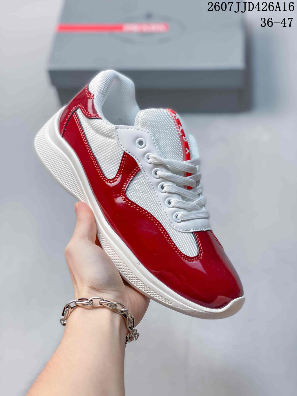 Prada 2607JJD426A16 Red and White Platform Sneakers