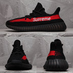 Yeezy 350 V2 Black Red Knit Sneakers with Supreme Detail