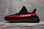 Yeezy 350 V2 Black Red Knit Sneakers with Supreme Detail