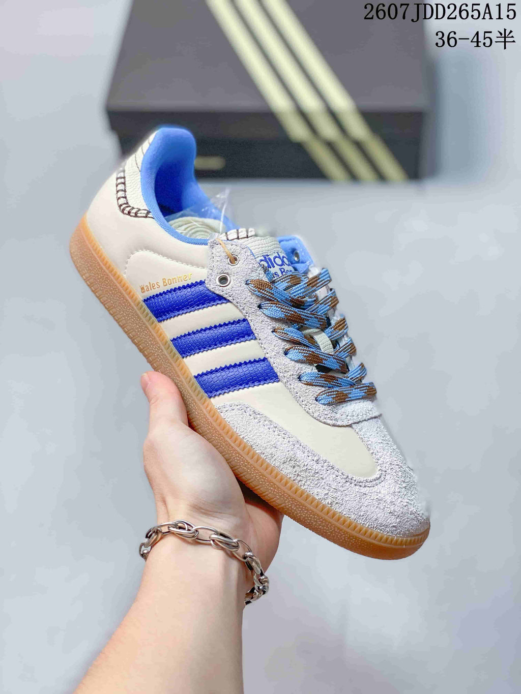 adidas Samba Leather Low-Top Sneakers in White/Blue and Pink