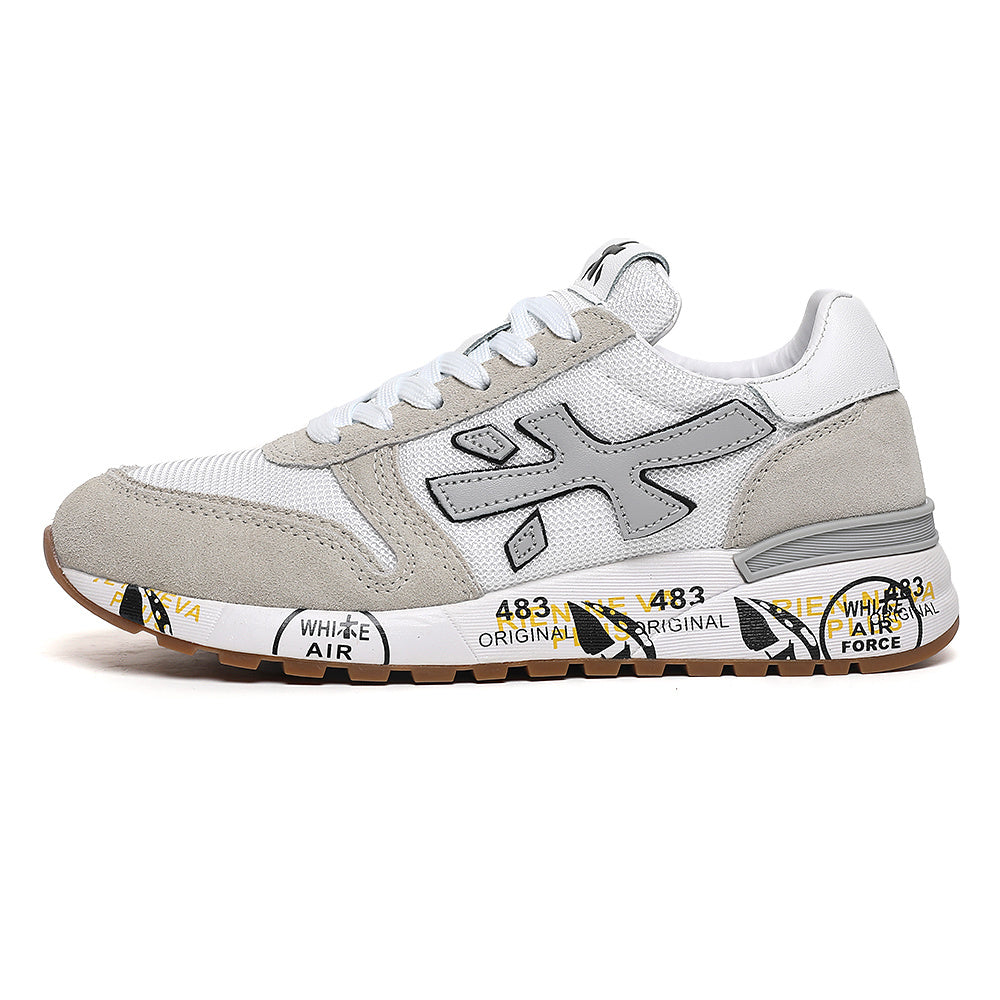 White and Grey Low-Top Sneakers with Gum Sole