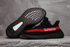 Yeezy 350 V2 Black Red Knit Sneakers with Supreme Detail