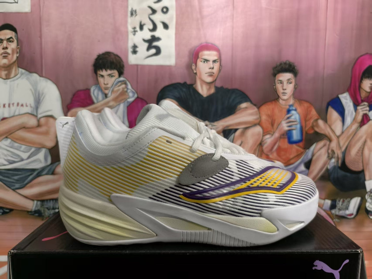 PUMA All-Pro Basketball Shoes in White, Purple and Gold
