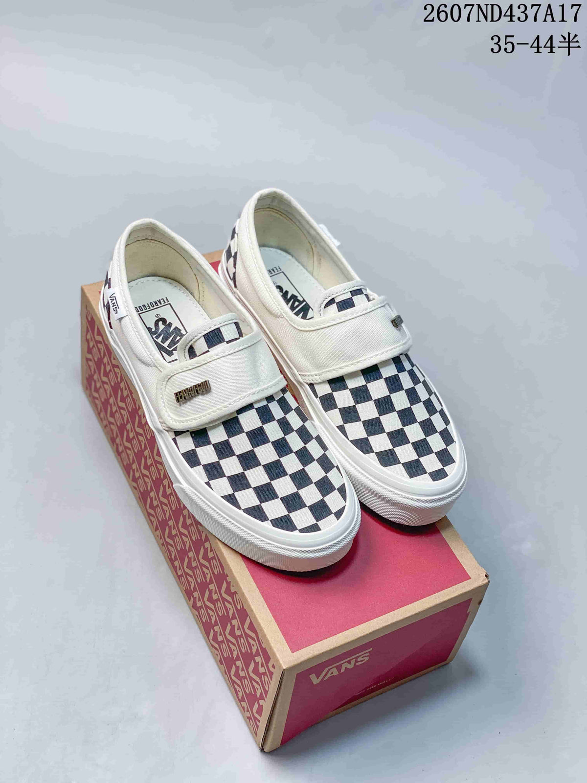 Vans Slip-On Sneakers in Red/Navy and Checkerboard