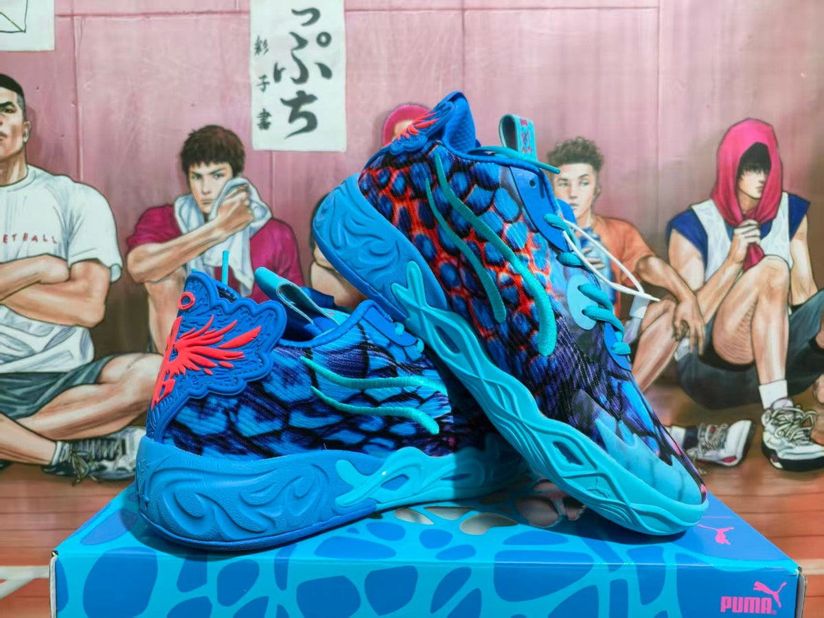 PUMA Blue Basketball Sneakers with Multicolor Print