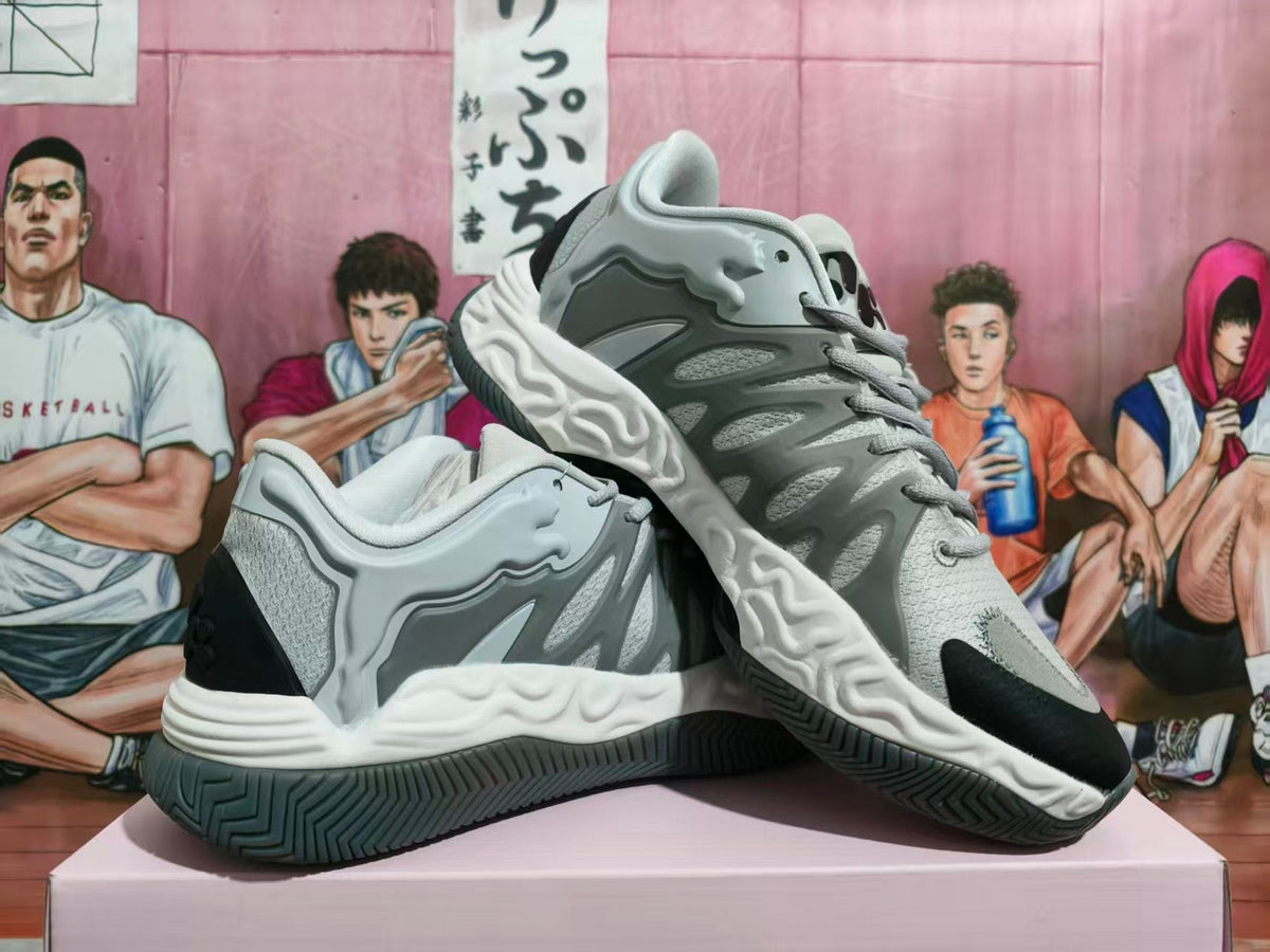 Gray and White Basketball Sneakers with Sculpted Details