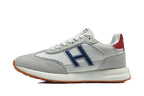 Hermès Grey and White Low-Top Sneakers with Blue Accents