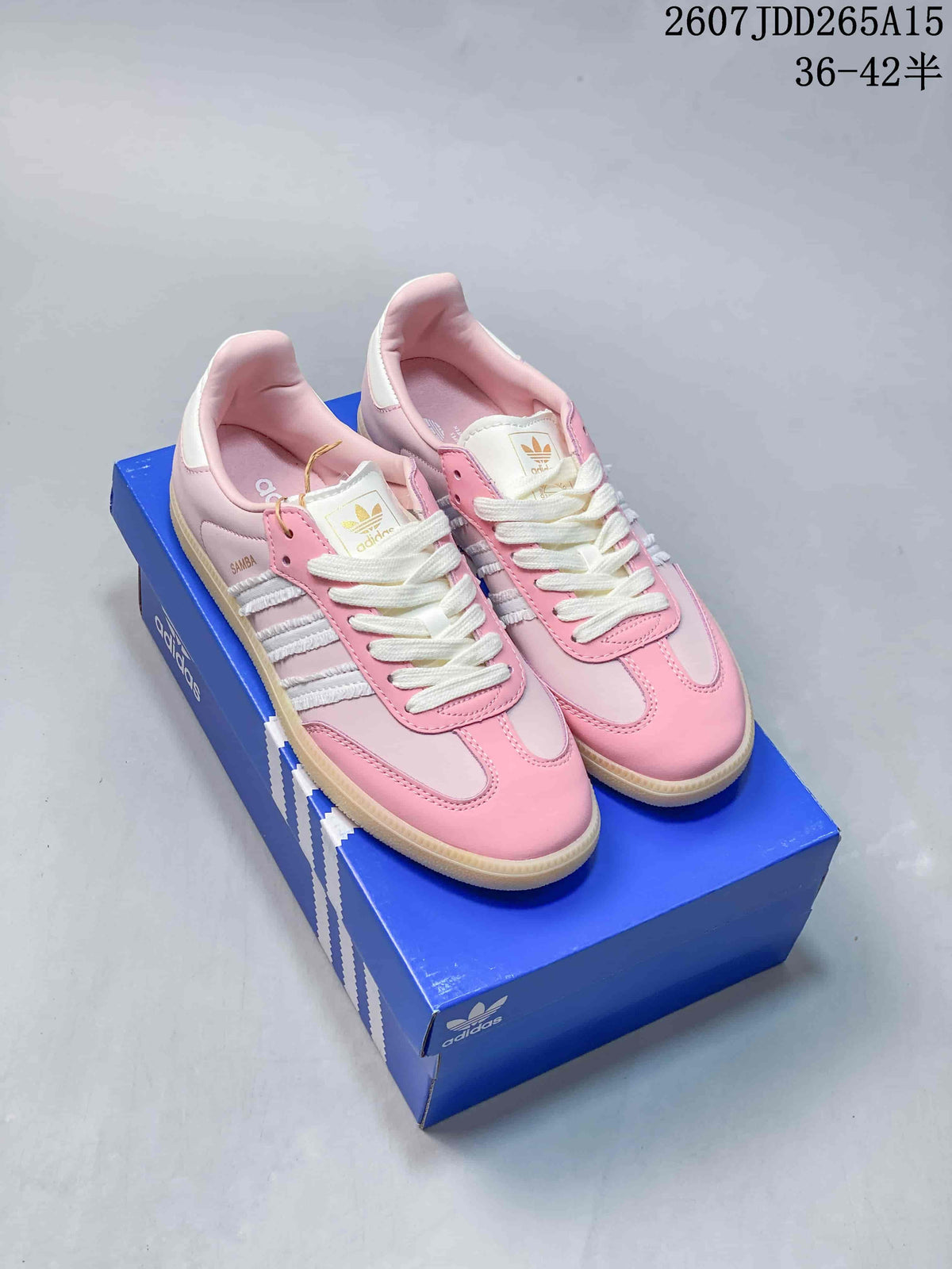 adidas Samba Leather Low-Top Sneakers in White/Blue and Pink