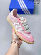 adidas Samba Leather Low-Top Sneakers in White/Blue and Pink