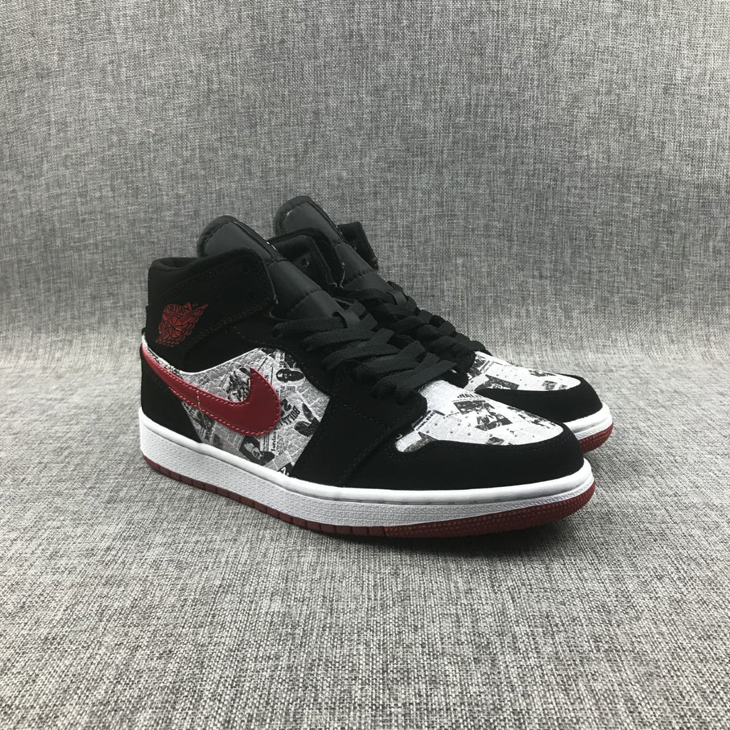 Jordan Air Jordan 1 Mid Black Red Newspaper Print 852542-061