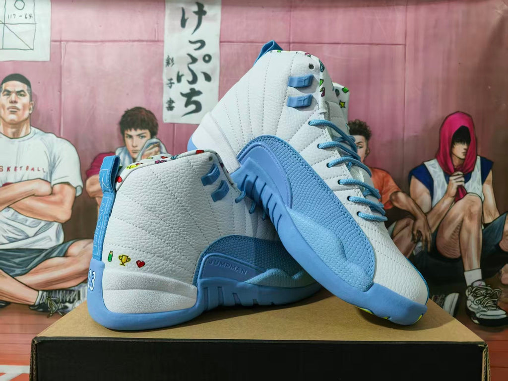 Jordan 12 Retro White and Blue Basketball Sneakers