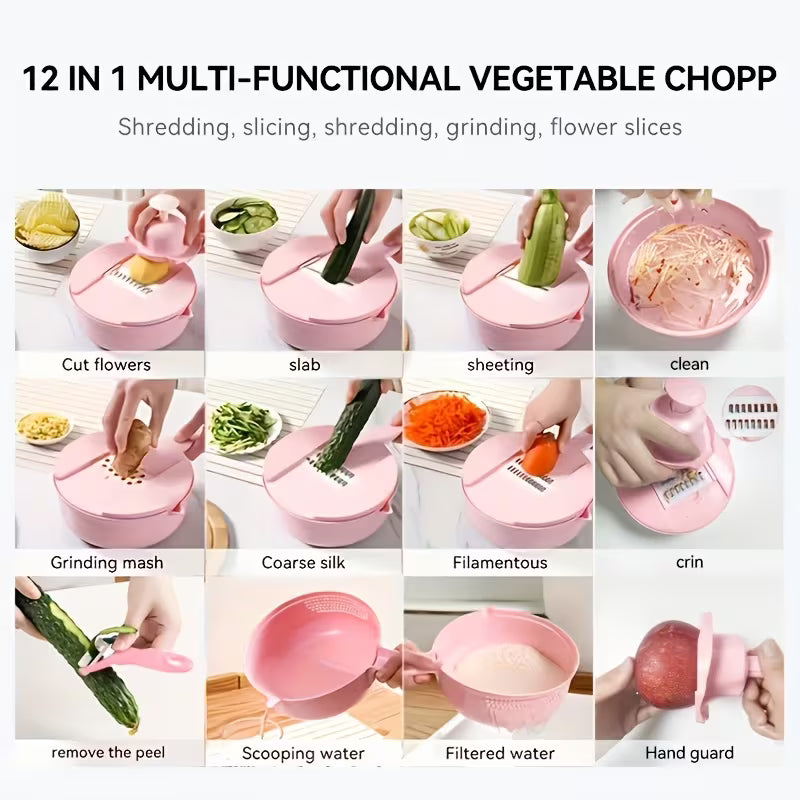 12-in-1 Vegetable Chopper & Grater – Manual Slicer, Shredder & Julienne Cutter for Carrot, Potato, Radish & More – Multifunctional Kitchen Vegetable Cutter Tool