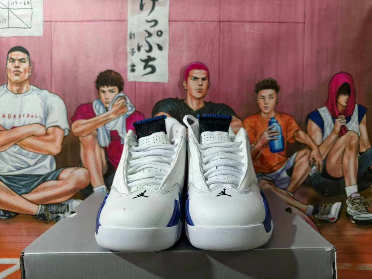Jordan 14 Retro White and Blue Basketball Sneakers