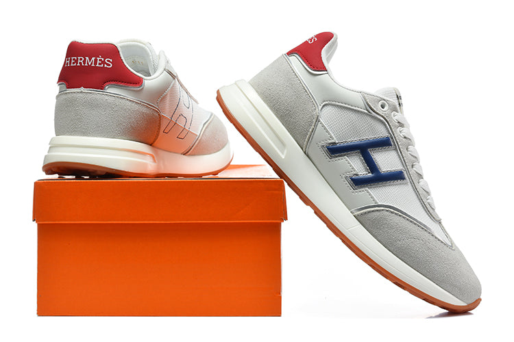 Hermès Grey and White Low-Top Sneakers with Blue Accents