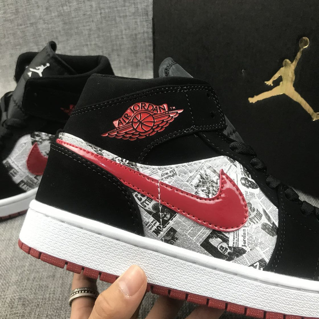 Jordan Air Jordan 1 Mid Black Red Newspaper Print 852542-061