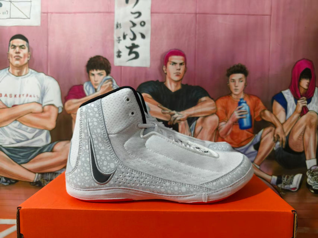 Nike Wrestling Shoes, White and Gray with Orange Accents