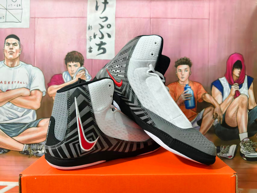 Nike Wrestling Shoes Gray Black Red High-Top