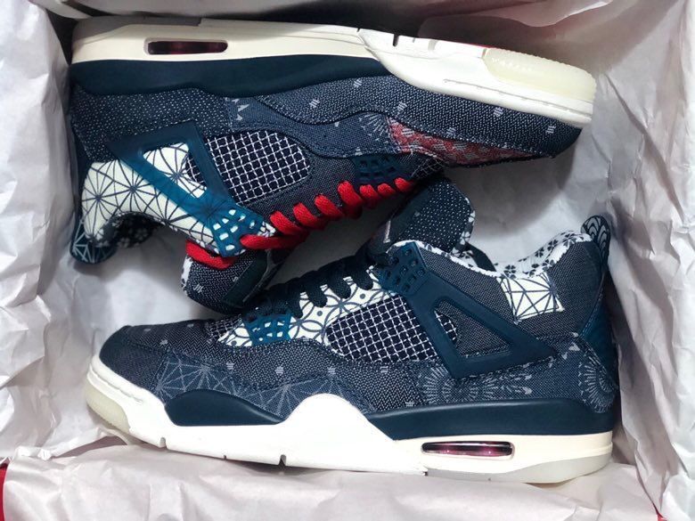 Jordan 4 Sashiko-Style Embroidered Sneakers Navy Red