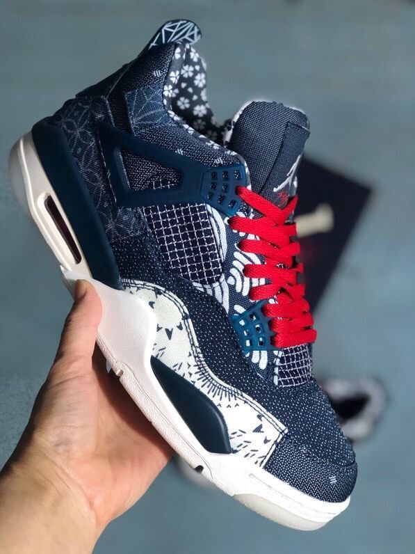 Jordan 4 Sashiko-Style Embroidered Sneakers Navy Red