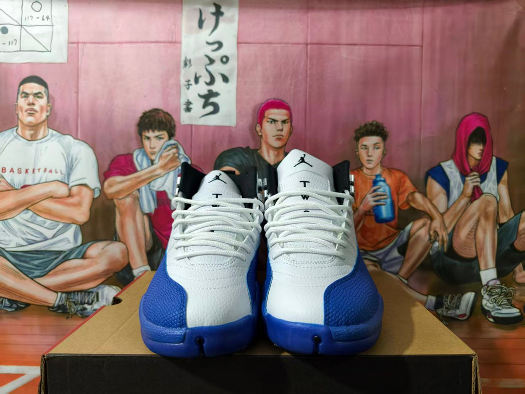 Jordan 12 Retro White and Blue High-Top Sneakers