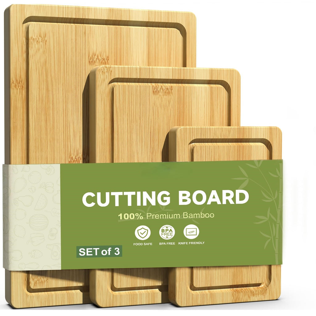 3 Piece Bamboo Cutting Board Set Crack Resistant Wood Boards for Meat Vegetables and Cheese Kitchen Use